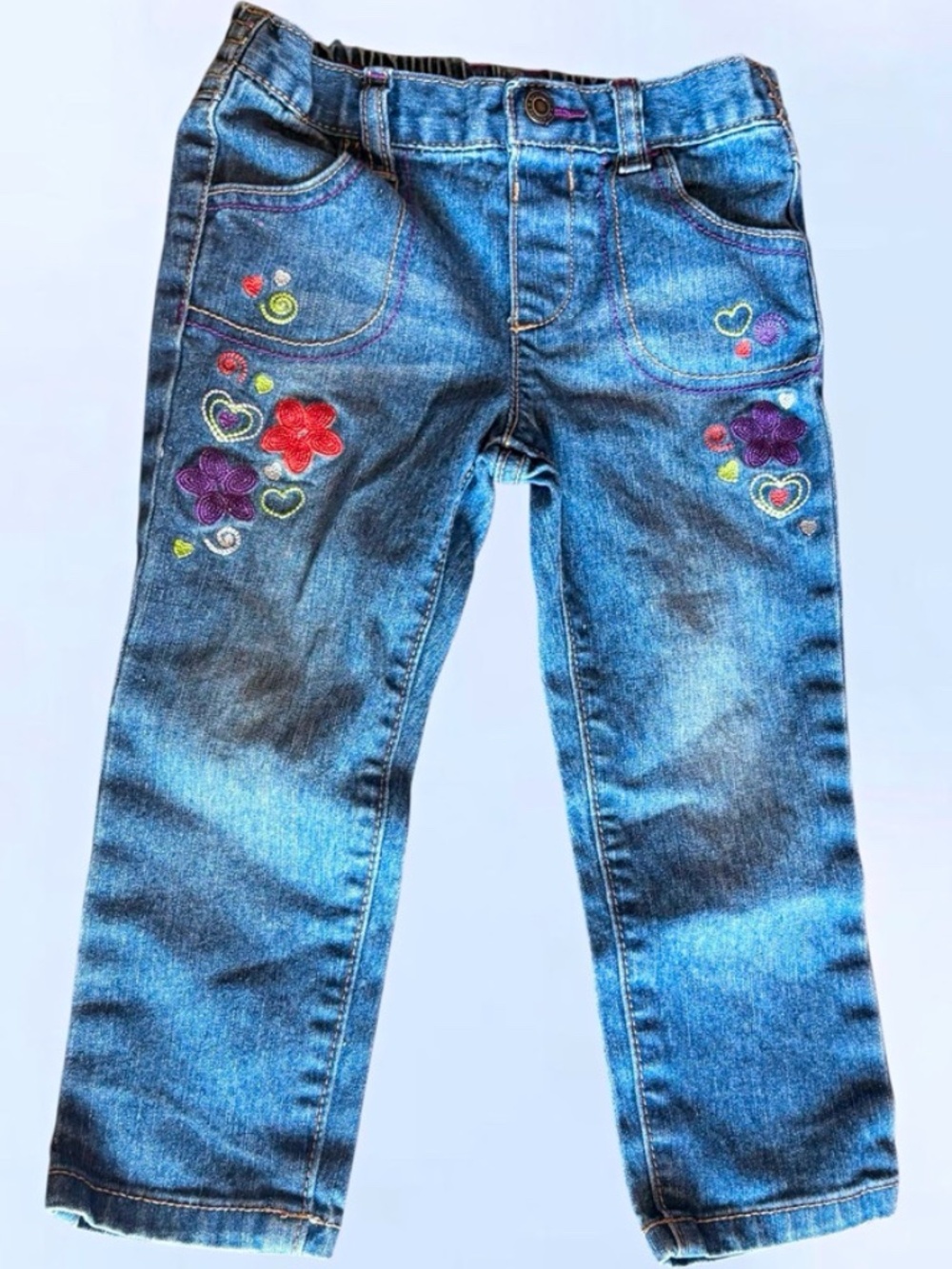 Vintage Healthtex Girls 24M Blue Denim Jeans Button Embroidered Heart Flower